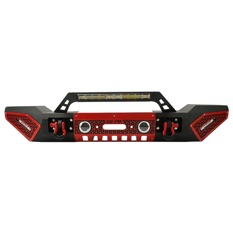 Jeep Wrangler Textured Black Front Bumper with 3 LED Work Lights & 4" RGBW Fog Lights 2 D-Rings & Winch Plate for JK/JKU JL/JLU 4xe Jeep Gladiator JT