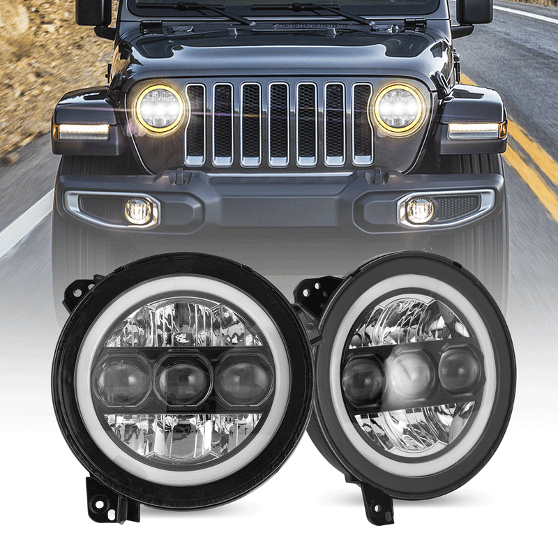 9" 90W LED Headlight with Triple Lens Design, HALO DRL & Turn Signal for '18-'25 Jeep Wrangler JL 4xe & Jeep Gladiator JT (2pcs/set)