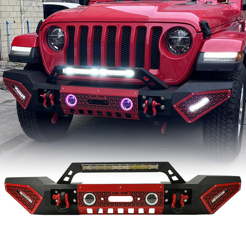 Jeep Wrangler Textured Black Front Bumper with 3 LED Work Lights & 4" RGBW Fog Lights 2 D-Rings & Winch Plate for JK/JKU JL/JLU 4xe Jeep Gladiator JT
