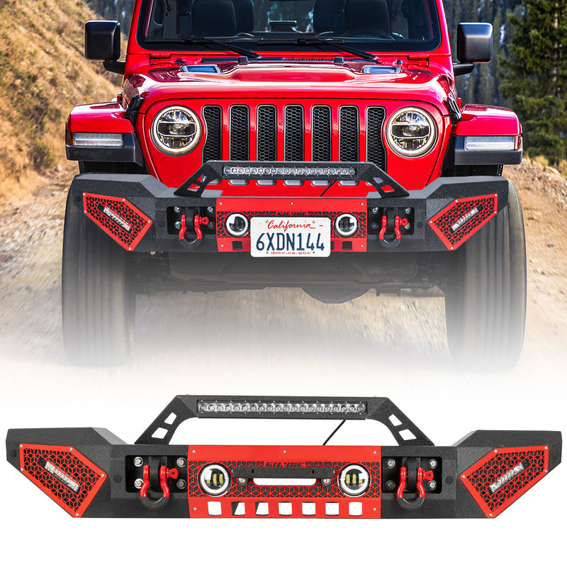 Jeep Wrangler Textured Black Front Bumper with 3 LED Work Lights & 4" RGBW Fog Lights 2 D-Rings & Winch Plate for JK/JKU JL/JLU 4xe Jeep Gladiator JT