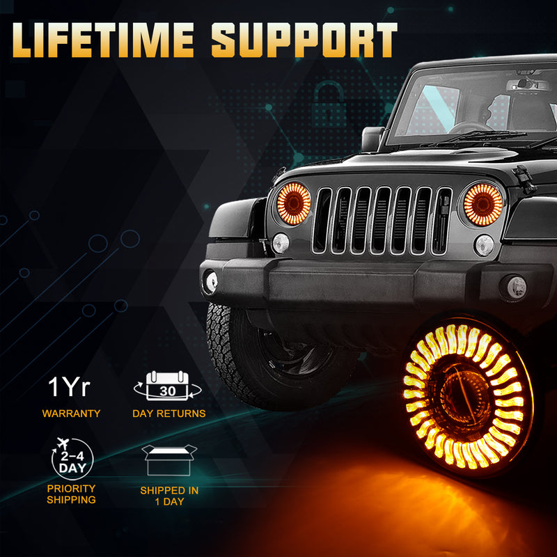 7"3D Halo LED Headlights with DRL and Turn Signal for 1976-2018 Jeep Wrangler CJ TJ LJ JK JKU (2pcs/set)