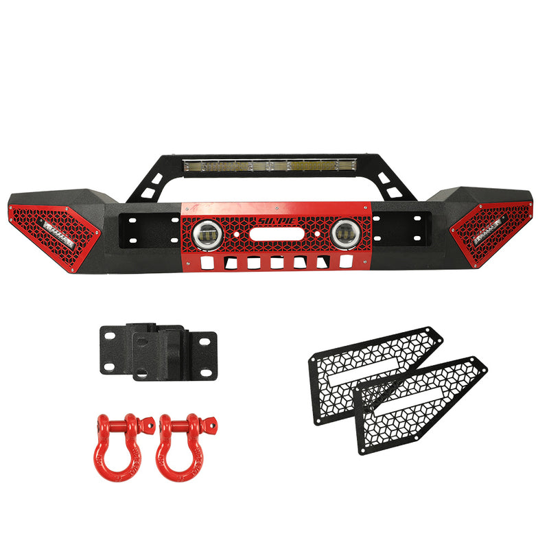 Jeep Wrangler Textured Black Front Bumper with 3 LED Work Lights & 4" RGBW Fog Lights 2 D-Rings & Winch Plate for JK/JKU JL/JLU 4xe Jeep Gladiator JT