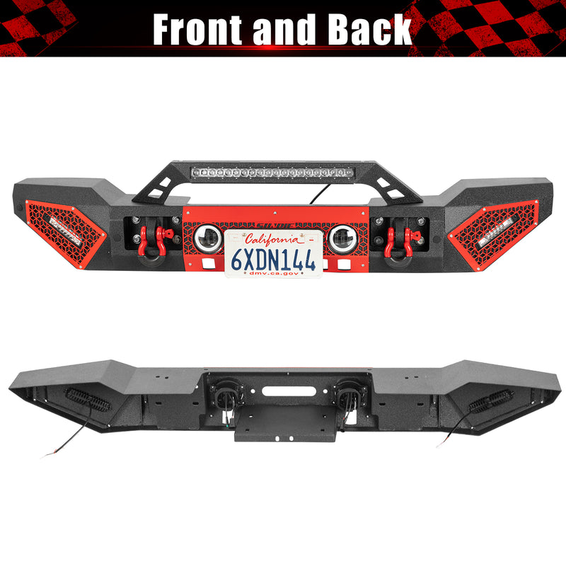 Jeep Wrangler Textured Black Front Bumper with 3 LED Work Lights & 4" RGBW Fog Lights 2 D-Rings & Winch Plate for JK/JKU JL/JLU 4xe Jeep Gladiator JT