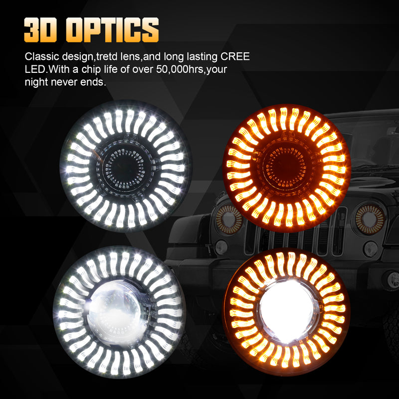 7"3D Halo LED Headlights with DRL and Turn Signal for 1976-2018 Jeep Wrangler CJ TJ LJ JK JKU (2pcs/set)