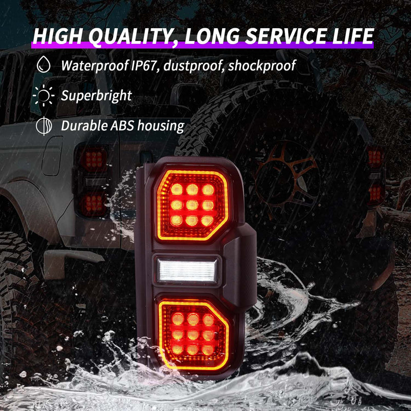 LED Tail Lights Assembly Red Lens for 2021-2025 Ford Bronco with Brake Lights & Turn Signals Reverse Lights & Running Lights (2Pcs/Set)