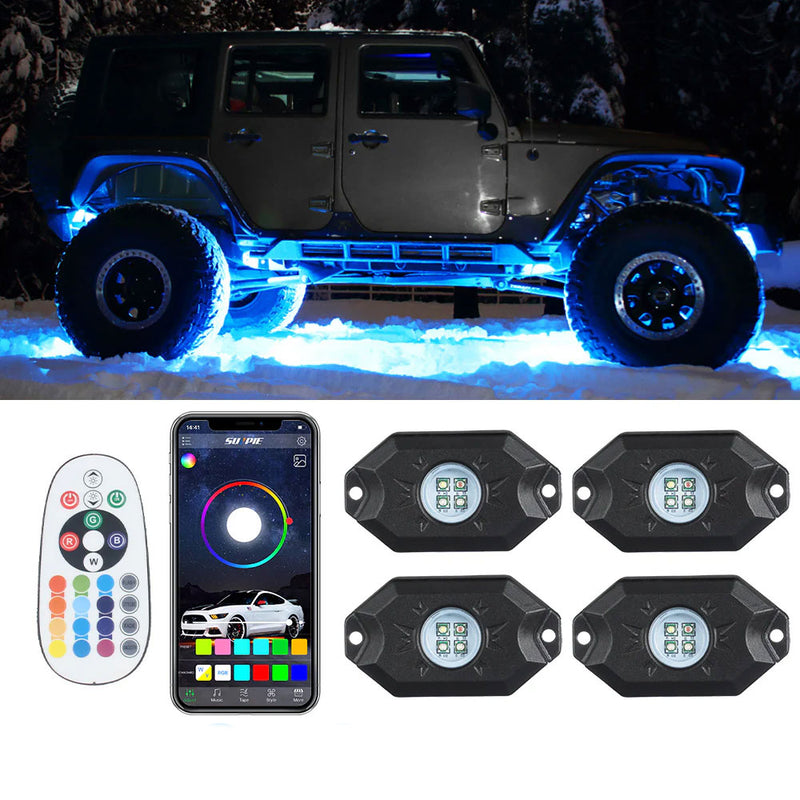 Sunpie RGB-W 4 pod Mini LED Rock Lights Kits Bluetooth & Remote Dual Control