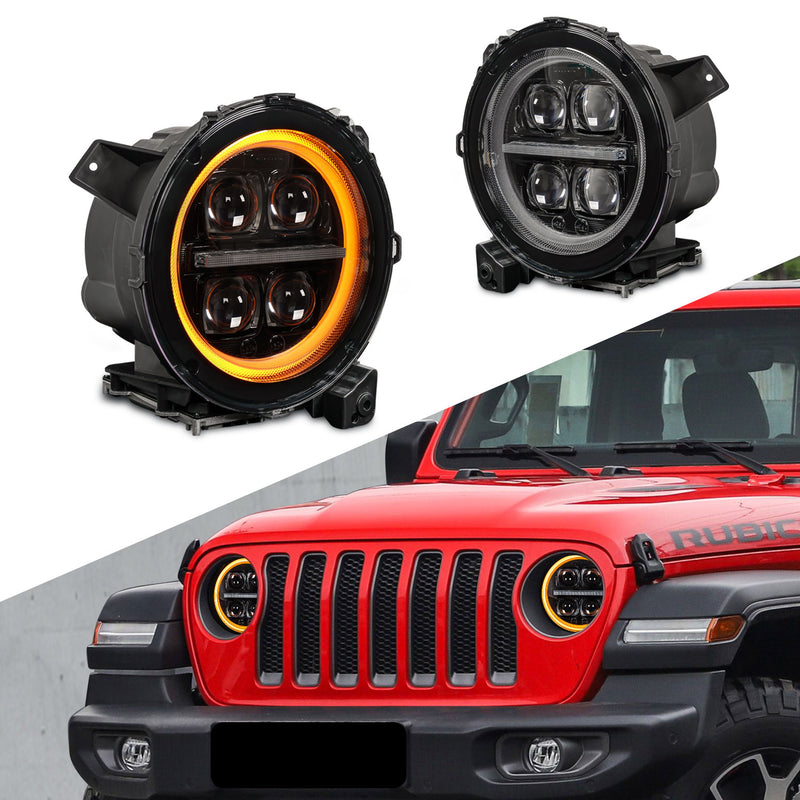 9" 3D Four Lens-Type Jeep Wrangler JL 4xe Gladiator LED Headlights Featuring a Dynamic Welcome Sequence, Integrated DRL, and Turn Signals