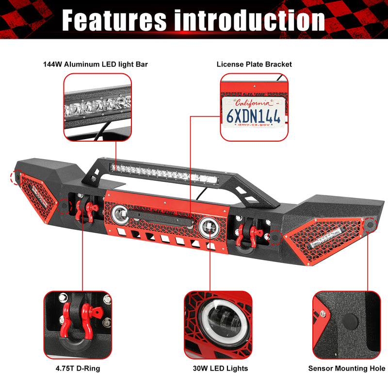 Jeep Wrangler Textured Black Front Bumper with 3 LED Work Lights & 4" RGBW Fog Lights 2 D-Rings & Winch Plate for JK/JKU JL/JLU 4xe Jeep Gladiator JT