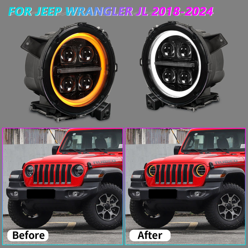 9" 3D Four Lens-Type Jeep Wrangler JL 4xe Gladiator LED Headlights Featuring a Dynamic Welcome Sequence, Integrated DRL, and Turn Signals