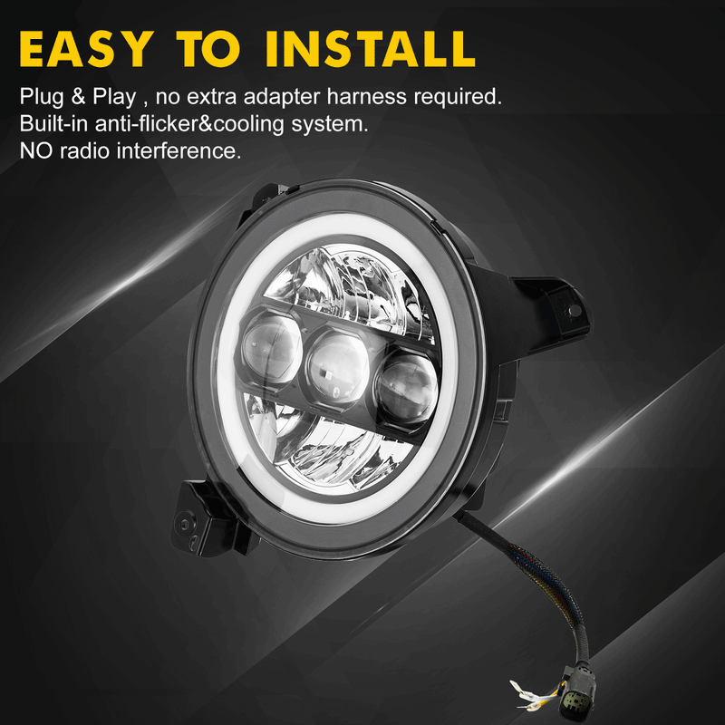 9" 90W LED Headlight with Triple Lens Design, HALO DRL & Turn Signal for '18-'25 Jeep Wrangler JL 4xe & Jeep Gladiator JT (2pcs/set)