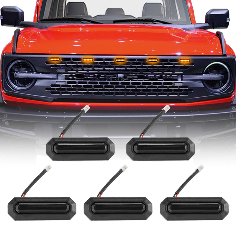 5PCS LED Grille Lights Amber & Smoked with Wiring Harness for 2021-2025 Ford Bronco 2/4 Doors Badlands/ Wildtrak/ Everglades