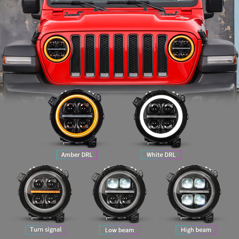 9" 3D Four Lens-Type Jeep Wrangler JL 4xe Gladiator LED Headlights Featuring a Dynamic Welcome Sequence, Integrated DRL, and Turn Signals