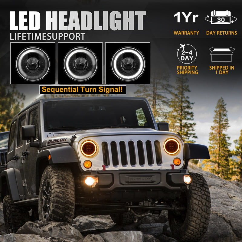 7-Inch 3D Lens LED Headlights with DRL & Turn Signal for 1976-2018 Jeep Wrangler CJ TJ LJ JK JKU (Pair)