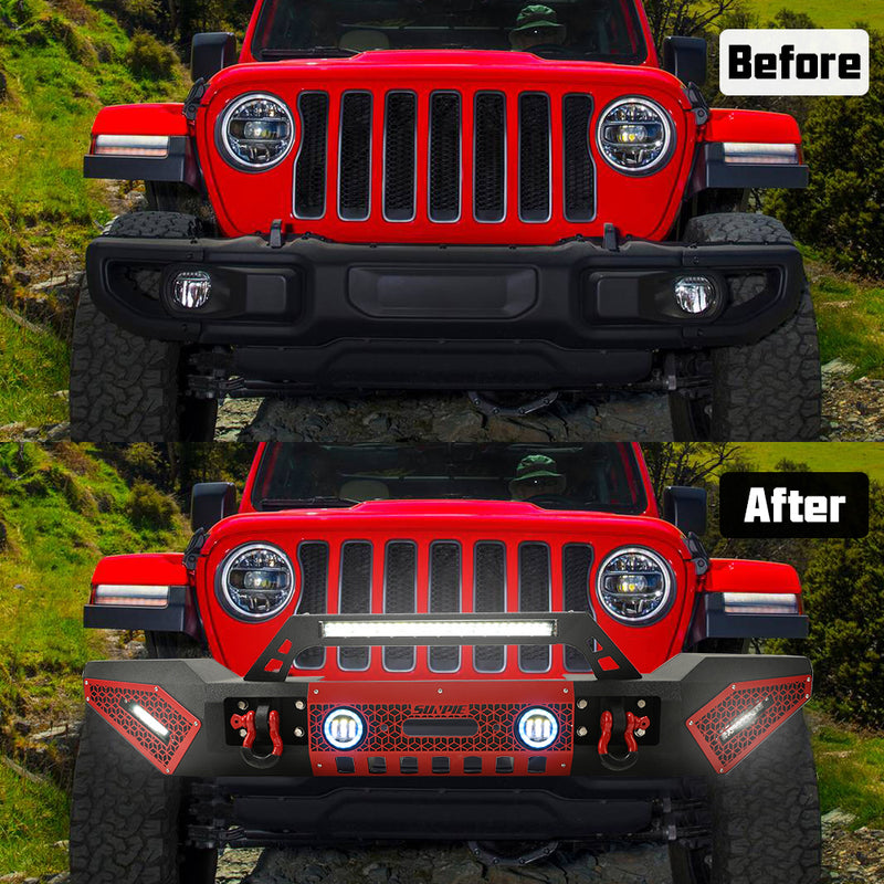 Jeep Wrangler Textured Black Front Bumper with 3 LED Work Lights & 4" RGBW Fog Lights 2 D-Rings & Winch Plate for JK/JKU JL/JLU 4xe Jeep Gladiator JT