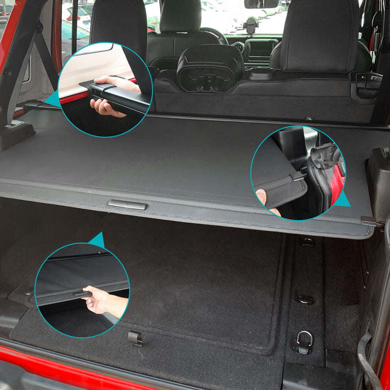 Retractable Cargo Cover Compatible with 2018-2023 Jeep Wrangler JLU 4 Doors (Not for 2.0T 4XE and Soft Top) Tonneau Cover No Gap Rear Trunk Cover Organizer Custom Fit Shielding Shade