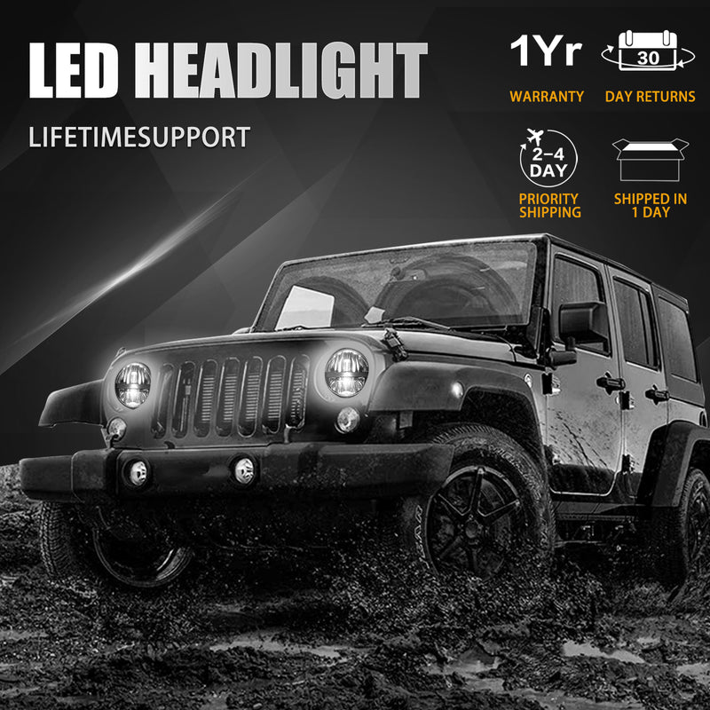 7" Round LED Headlights W/Amber Turn Signal & DRL for Jeep Wrangler JK/JKU CJ-8 CJ-7 TJ Chevy and Miata (2pcs/set)