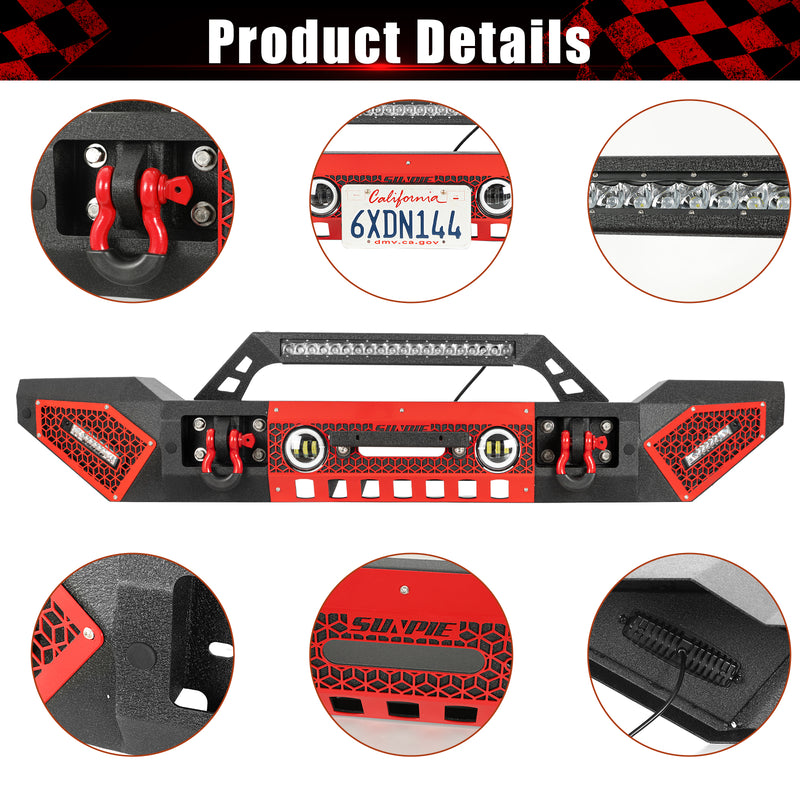 Jeep Wrangler Textured Black Front Bumper with 3 LED Work Lights & 4" RGBW Fog Lights 2 D-Rings & Winch Plate for JK/JKU JL/JLU 4xe Jeep Gladiator JT