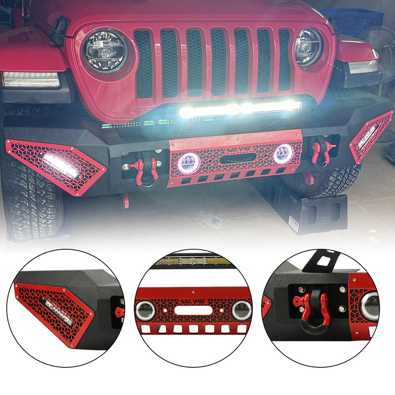 Jeep Wrangler Textured Black Front Bumper with 3 LED Work Lights & 4" RGBW Fog Lights 2 D-Rings & Winch Plate for JK/JKU JL/JLU 4xe Jeep Gladiator JT