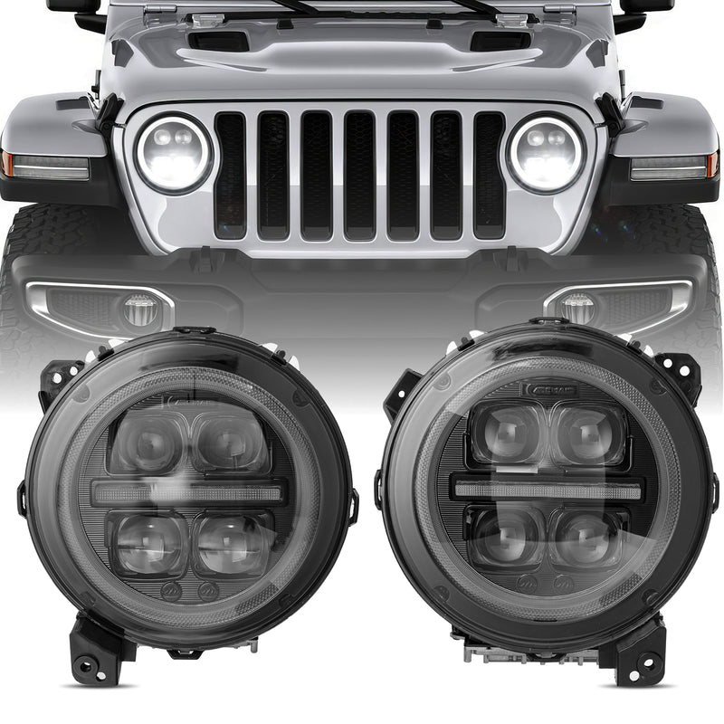 9" 3D Four Lens-Type Jeep Wrangler JL 4xe Gladiator LED Headlights Featuring a Dynamic Welcome Sequence, Integrated DRL, and Turn Signals