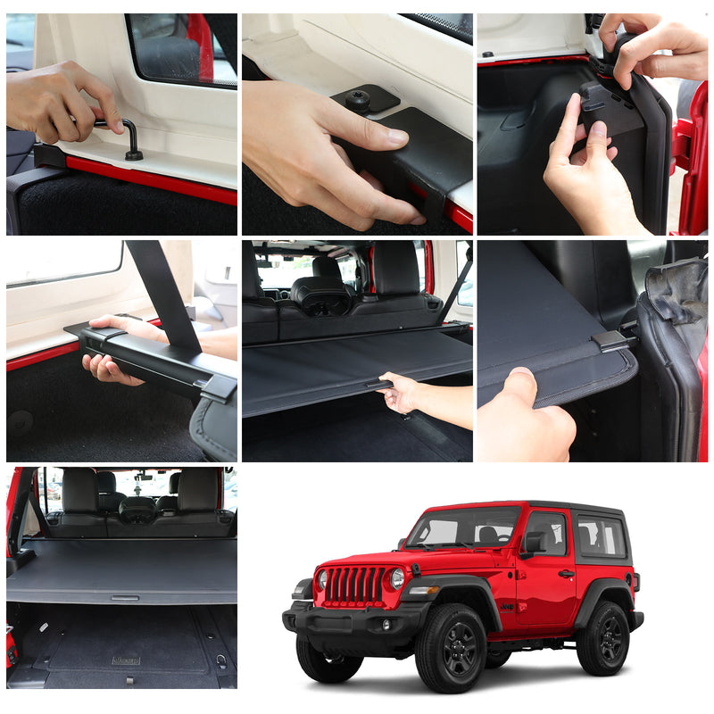 Retractable Cargo Cover Compatible with 2018-2023 Jeep Wrangler JLU 4 Doors (Not for 2.0T 4XE and Soft Top) Tonneau Cover No Gap Rear Trunk Cover Organizer Custom Fit Shielding Shade
