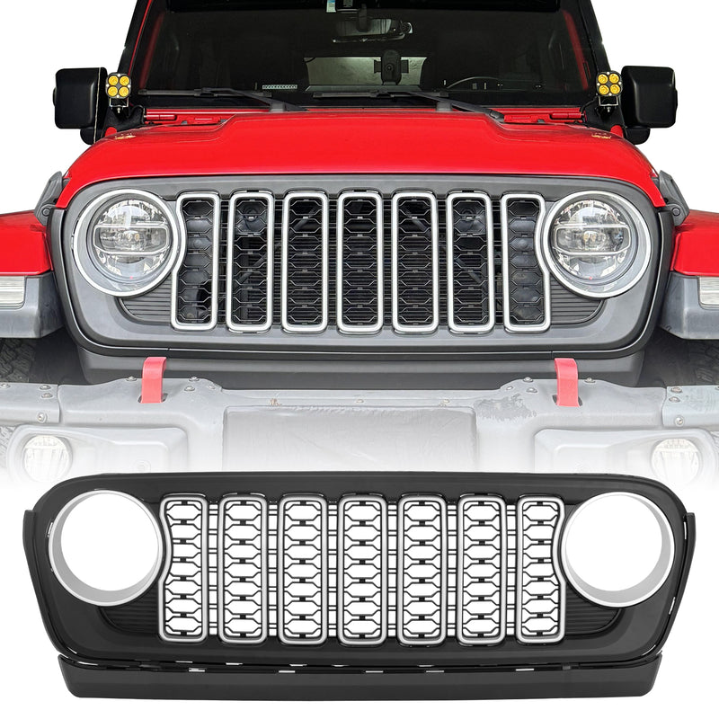 ABS Black & Silver Splicing Front Grille for 2018+ Jeep Wrangler JL JLU 4xe & Jeep Gladiator