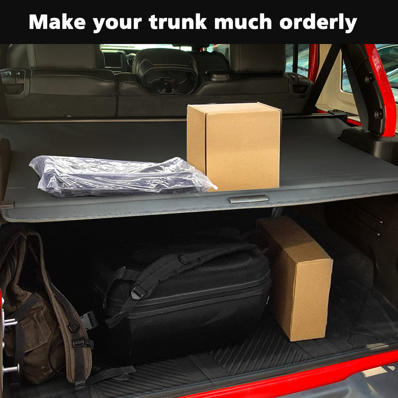 Retractable Cargo Cover Compatible with 2018-2023 Jeep Wrangler JLU 4 Doors (Not for 2.0T 4XE and Soft Top) Tonneau Cover No Gap Rear Trunk Cover Organizer Custom Fit Shielding Shade