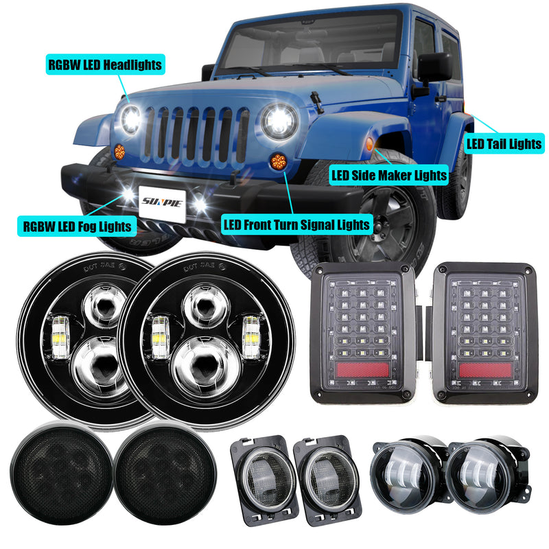 7" Headlights + 4" Fog Lights + Front Turn Signals + Fender Turn Signals + Tail Lights Combo Kits for 2007-2018 Jeep Wrangler JK JKU