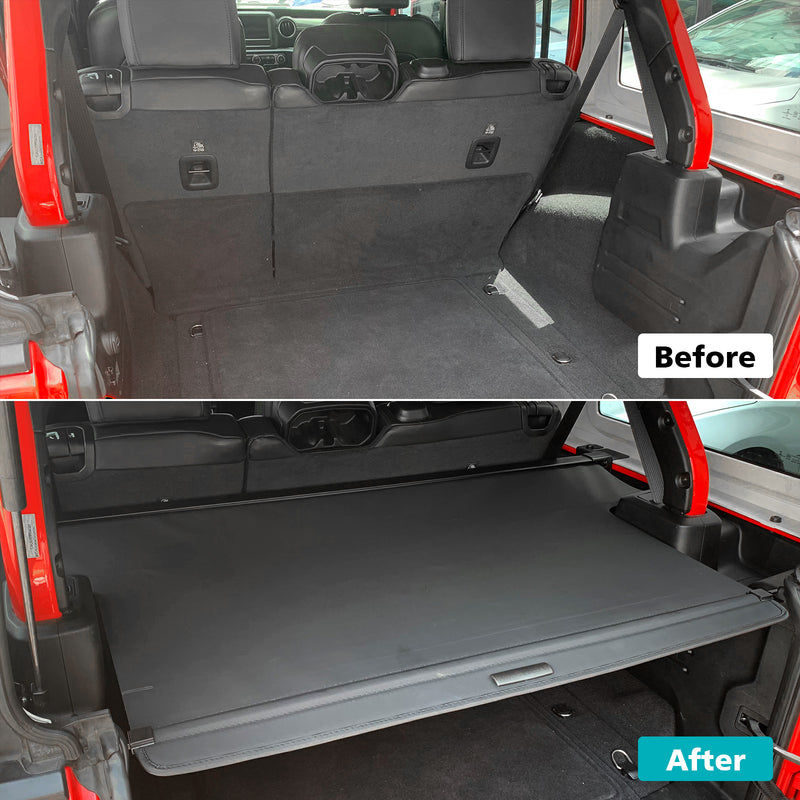 Retractable Cargo Cover Compatible with 2018-2023 Jeep Wrangler JLU 4 Doors (Not for 2.0T 4XE and Soft Top) Tonneau Cover No Gap Rear Trunk Cover Organizer Custom Fit Shielding Shade