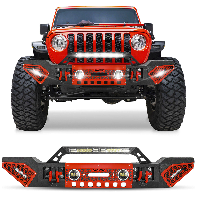 Jeep Wrangler Textured Black Front Bumper with 3 LED Work Lights & 4" RGBW Fog Lights 2 D-Rings & Winch Plate for JK/JKU JL/JLU 4xe Jeep Gladiator JT