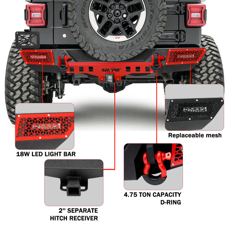 '18-'26 Jeep Wrangler JL/JLU 4xe Rear Bumper with License Plate Bracket and Lights, D-Rings, and 2" Receiver Hitch