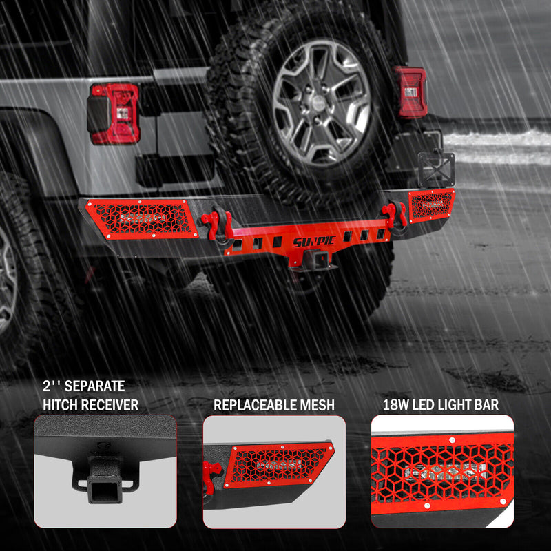 '18-'26 Jeep Wrangler JL/JLU 4xe Rear Bumper with License Plate Bracket and Lights, D-Rings, and 2" Receiver Hitch