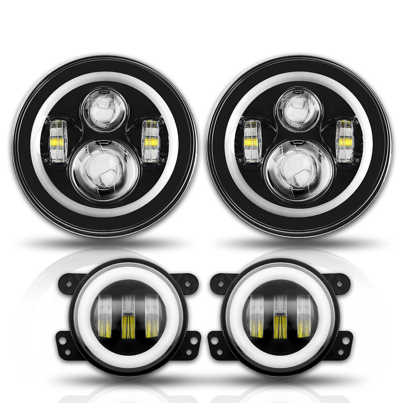 Jeep Wrangler RGB Halo Headlight and CREE LED Fog Lights Combo | Color Changing Kit with Chasing Angel Eye Ring for JK JKU 2007-2018