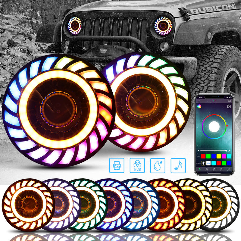 7 inch RGB Rotating Series 3D Lens LED Headlights with 4 inch RGB Rotating Series Fog Lights for 2007-2018 Jeep Wrangler JK/JKU