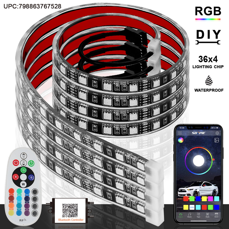 Flexible LED Strip Interior Lighting Underglow Lighting Kit Wheel Well LED Light Kit With function of RGB Color Change, 4 Pieces 24" Multi-Color LED Strips for Vehicle