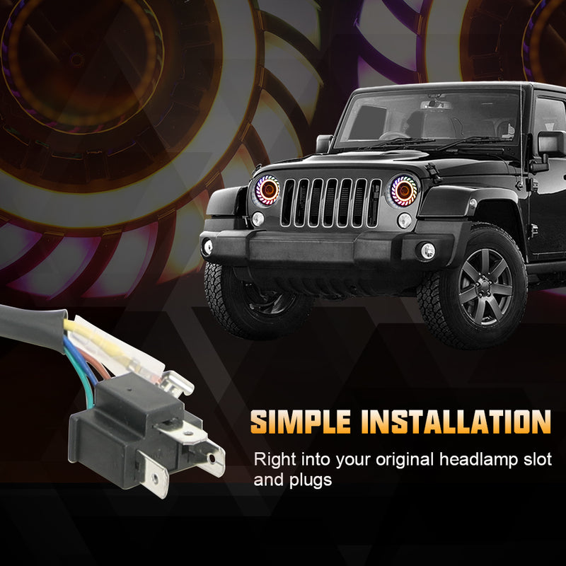 7" RGB 3D LED Lens Halo Rotating Series Headlights with Turn Signal for 1997-2018 Jeep Wrangler TJ LJ JK JKU(2pcs/set)