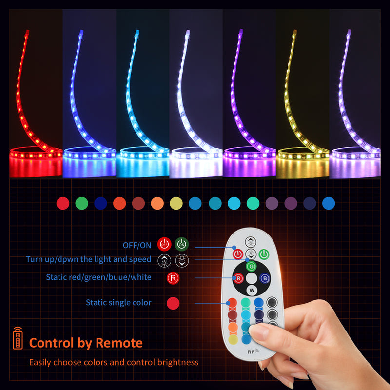 Flexible LED Strip Interior Lighting Underglow Lighting Kit Wheel Well LED Light Kit With function of RGB Color Change, 4 Pieces 24" Multi-Color LED Strips for Vehicle