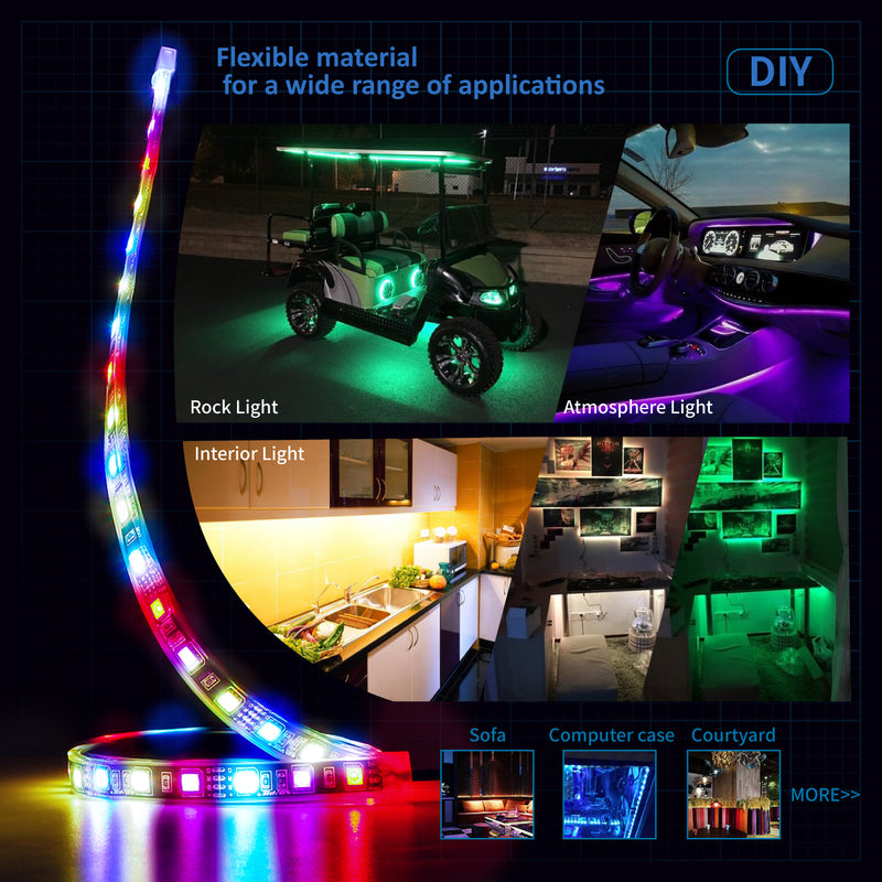 Flexible LED Strip Interior Lighting Underglow Lighting Kit Wheel Well LED Light Kit With function of RGB Color Change, 4 Pieces 24" Multi-Color LED Strips for Vehicle