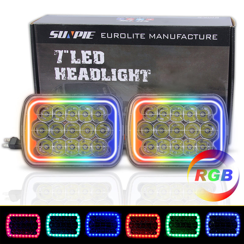 Sequential RGBW Halo 5x7 LED Headlights for Jeep Wrangler YJ XJ GMC Ford Truck Cherokee Chevy Toyota Nissan Dodge (2pcs/set)