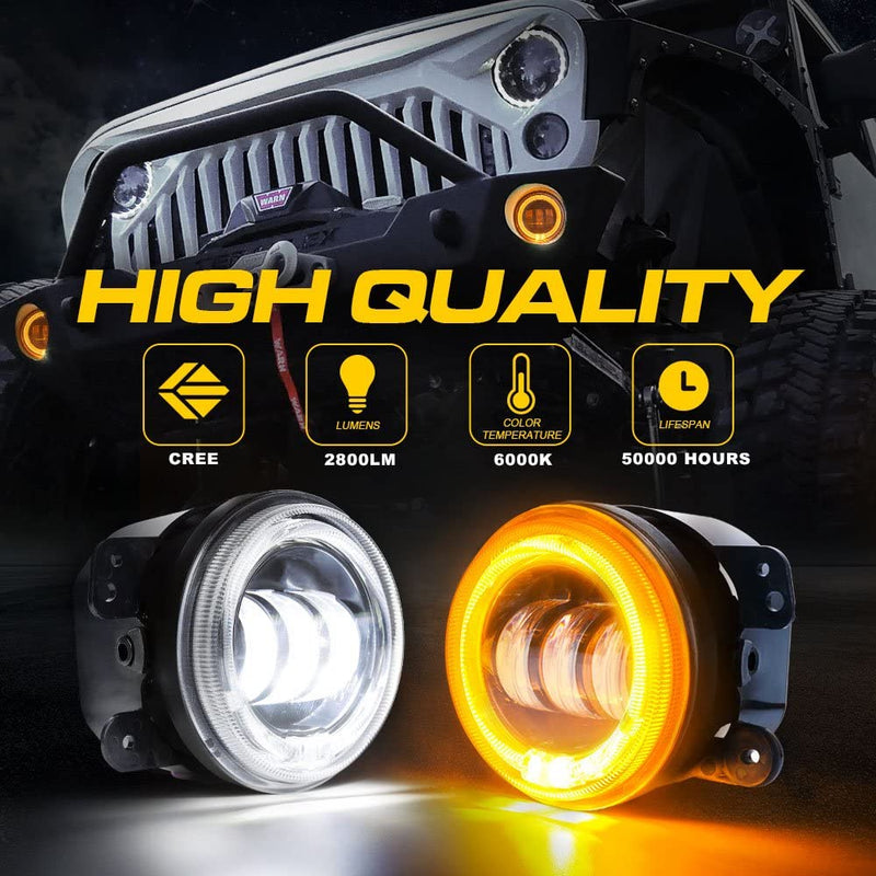 108W 7" LED Headlights & 4" Inch 60W LED Fog Lights with DRL and Amber Turn Signal for Jeep Wrangler JK TJ LJ 1997-2018