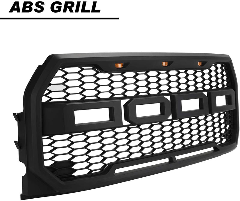 Raptor Style Grill for Ford F150 2015 2016 2017 Including XL, XLT, LARIAT, Raptor, King Ranch, Platinum and Limited, Front Grill for F150 with Amber Lights & Letters