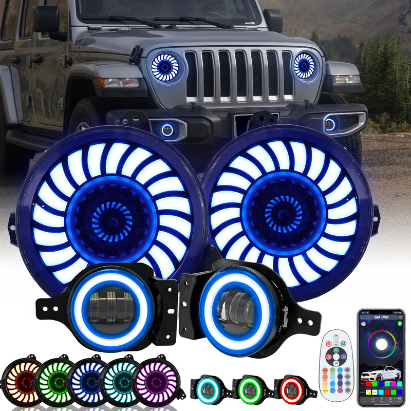 9" RGBW 3D LED Lens Halo Headlights + 4" RGBW Fog Lights Combo Kits for 2018-2025 Jeep Wrangler JL JLU & Jeep Gladiator JT