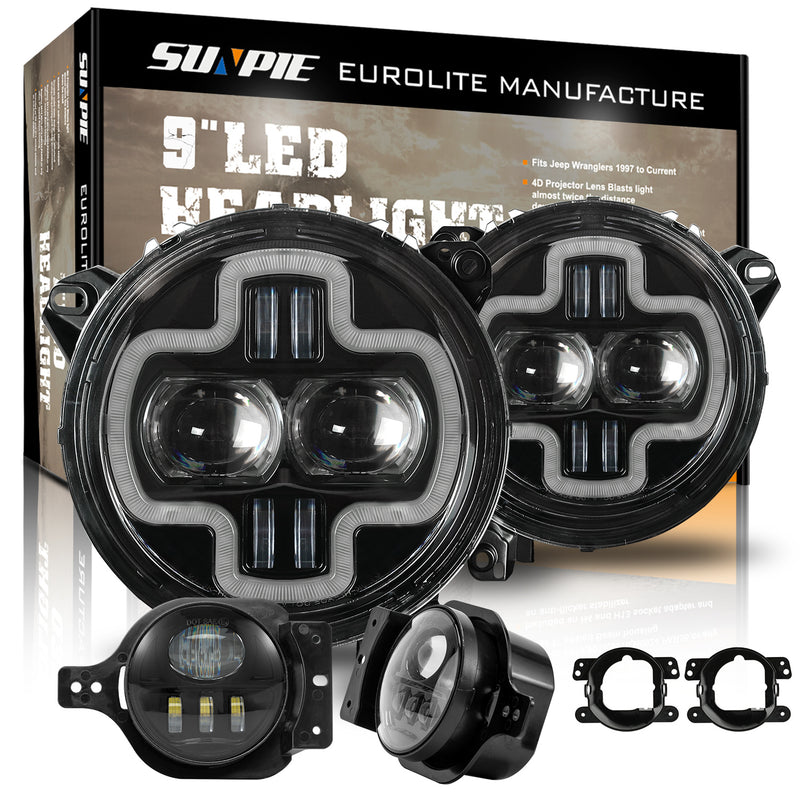 9 inch Halo DRL LED Headlights with 4 inch Fog Lights Combo Kits for 2018+ Jeep Wrangler JL JLU & Jeep Gladiator (JT)