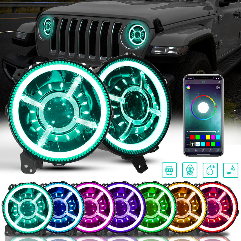 9 Inch RGB Halo LED Headlights for 2018-2025 Jeep Wrangler 4xe JL JLU & Jeep Gladiator JT  (2pcs/set)