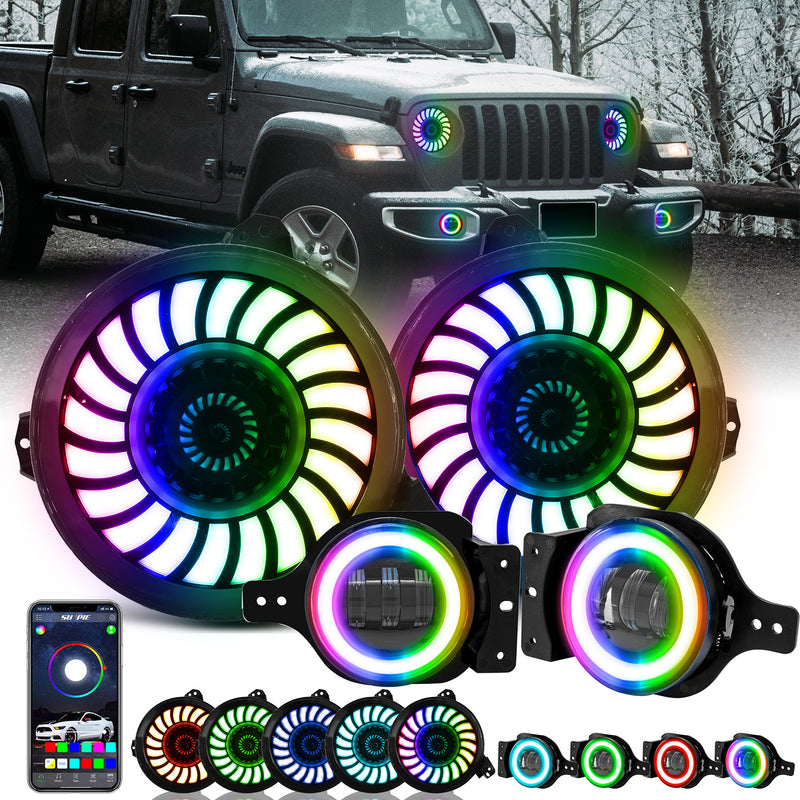 9" Rotating Series 3D LED Lens Halo Headlights + 4" Rotating Series Fog Lights Combo Kits for 2018-2025 Jeep Wrangler JL JLU & Jeep Gladiator JT