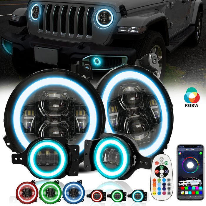 9" RGB-W Halo LED Headlights + 4" RGBW LED Fog Lights For  2018-2024 Jeep Wrangler JL JLU Gladiator (JT)