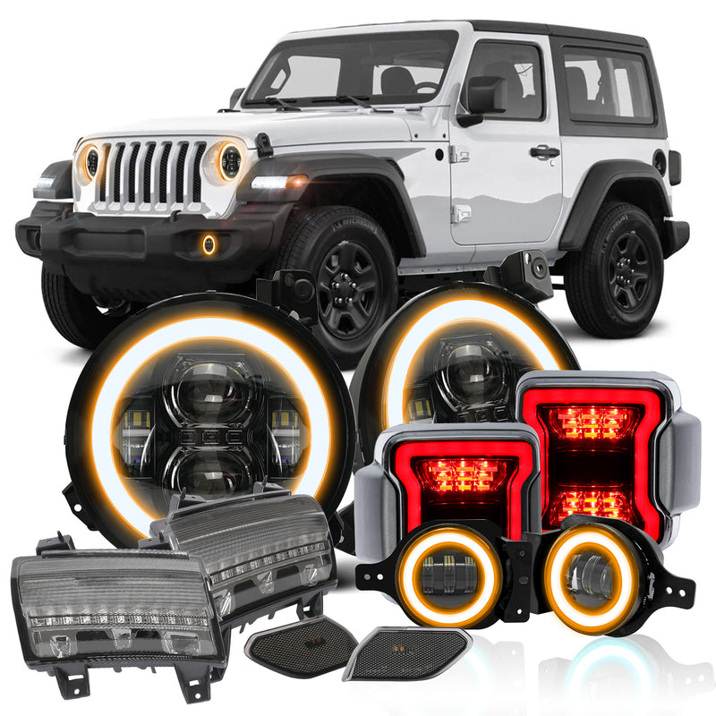 '18-'25 Jeep Wrangler 4xe JL/JLU LED Light Combo Kits - 9"Headlights, 4"Fog Lights, Taillight, Fender Lights & Side Lights