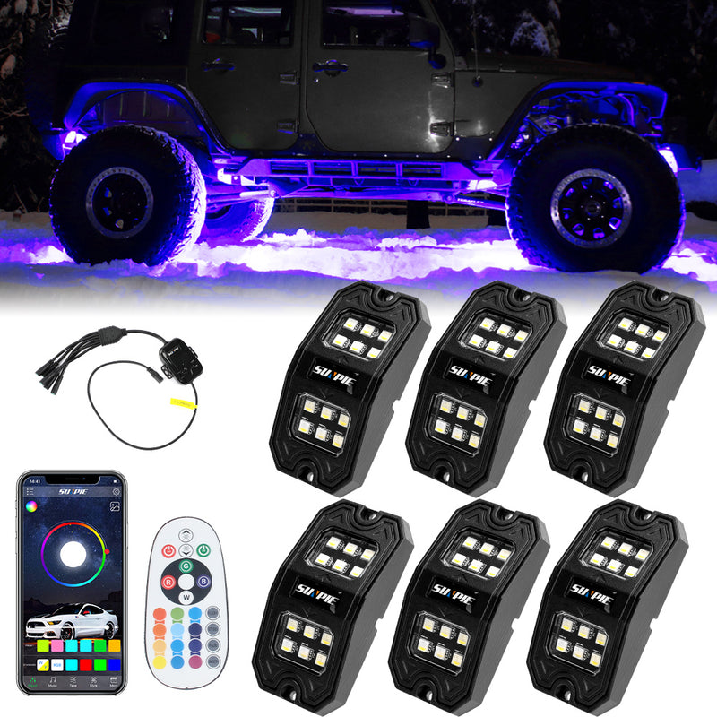 Sunpie 6 PCS RGBW Rectangle Series LED Rock Lights Bluetooth & Remote Controller