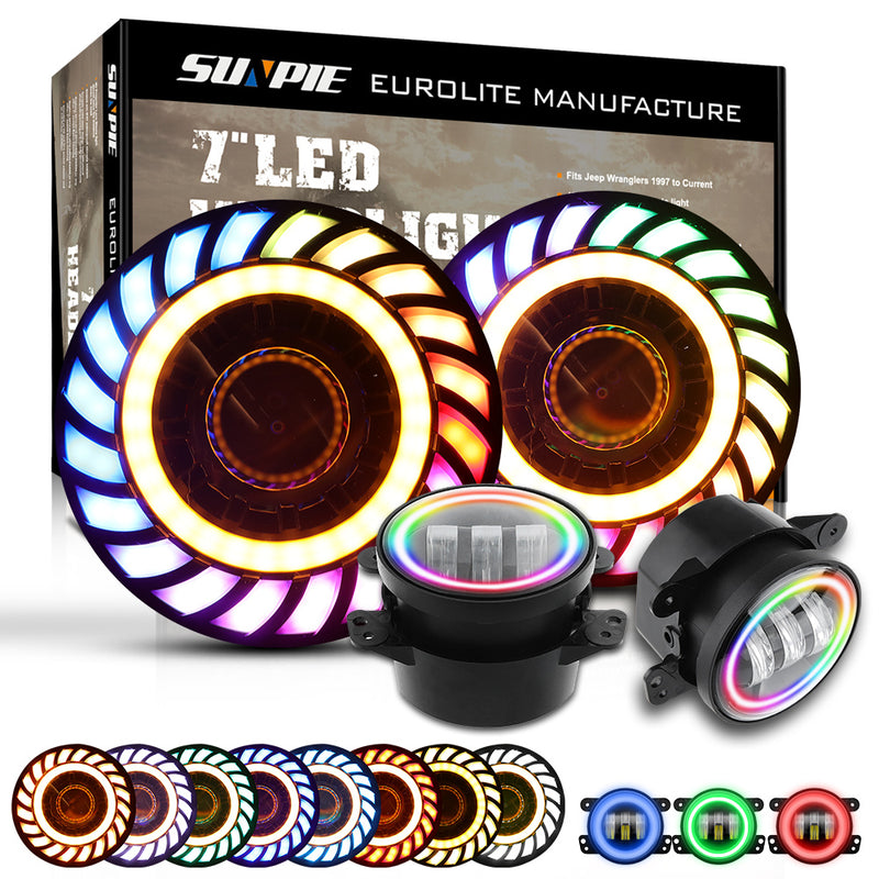 7 inch RGB Rotating Series 3D Lens LED Headlights with 4 inch RGB Rotating Series Fog Lights for 2007-2018 Jeep Wrangler JK/JKU