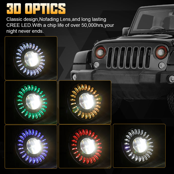 7" 3D RGB-W Halo Headlights for 1997-2018 Jeep Wrangler TJ LJ JK JKU (Chrome/Black) (2pcs/set)