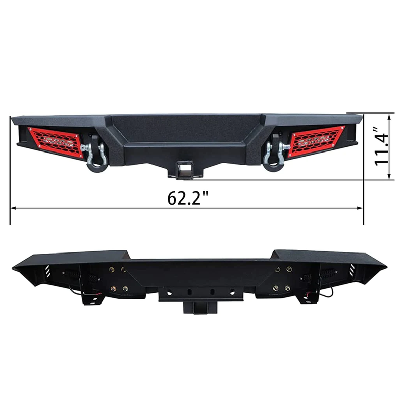 Jeep Rear Bumper Textured Black w/2x 18W LED Lights & Hook Receivers and 2X 4.75T D-Rings Compatible With 2018-2025 Wrangler JL & JLU 4xe